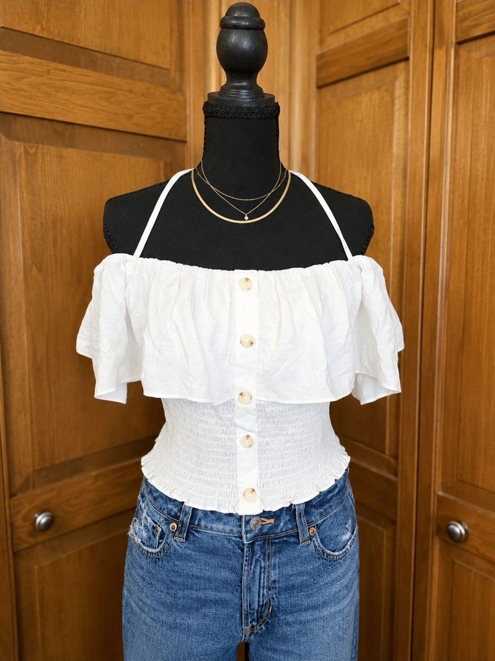 wild fable White Off-Shoulder Smocked Button Crop Top